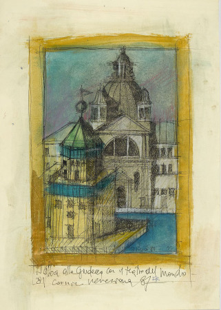 Sonnenaufgang an der Giudecca mit dem Mondo-Theater 81. Venezianischer Rahmen, 1987, Aquarell und Pastellstift auf Offsetdruck, 42 x 29,5 cm, Privatsammlung