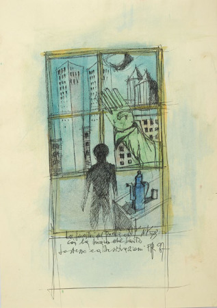 Das Fenster des Dichters in N. Y. mit der Hand des Heiligen, er selbst und andere Situationen, 1987, Aquarell, Stift und Filzstift auf Offsetdruck, 42 x 29,5 cm, Privatsammlung
