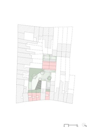 Lageplan mit allen sechs Bauten (inklusive der nicht realisierten)
