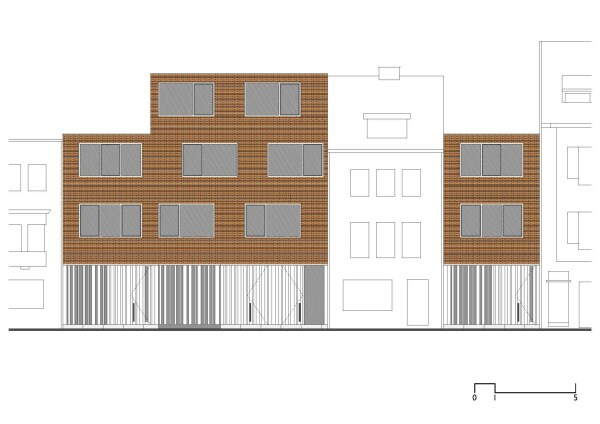 Ansicht Nordost, Strae (inklusive der nicht realisierten Huser auf der linken Seite)