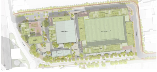 2. Preis: agn Leusmann (Hamburg) mit RMP Stephan Lenzen Landschaftsarchitekten (Bonn), Lageplan