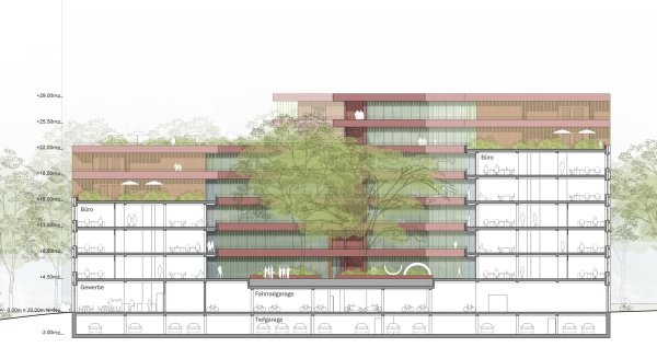 1. Preis: gmp � Architekten von Gerkan, Marg und Partner (Hamburg) mit WES LandschaftsArchitektur (Hamburg), Querschnitt B�robau