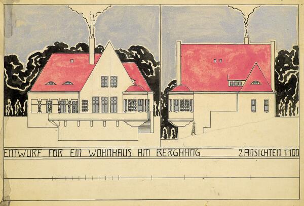 Ernst Ludwig Kirchner, Entwurf fr ein Wohnhaus am Berghang, Ansichten, Entwerfen von Hochbauten bei Prof. Hugo Hartung, SoSe 1903