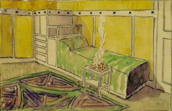 Ernst Ludwig Kirchner, Innenraum mit Liege, Innenraumperspektive, Innerer Ausbau bei Prof. Fritz Schumacher, WS 1904/05