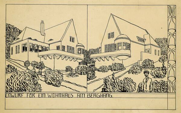 Ernst Ludwig Kirchner, Entwurf fr ein Wohnhaus am Berghang, perspektivische Ansichten, Entwerfen von Hochbauten bei Prof. Hugo Hartung, SoSe 1903