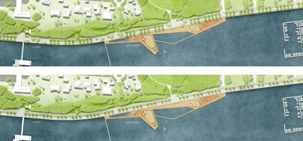 Eine Anerkennung: Planorama Landschaftsarchitektur (Berlin) mit torsten becker stadtplaner (Frankfurt am Main), Lageplan Kiellinie Nord, Variante ohne MIV (oben), Variante mit MIV (rechts)