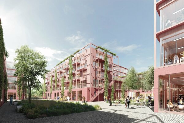 Perspektive auf das neue Quartier Neckarspinnerei in Wendlingen am Neckar, Entwurf von Rustler Schriever Architekten (Berlin) mit gornik denkel Landschaftsarchitekten (Heidelberg)