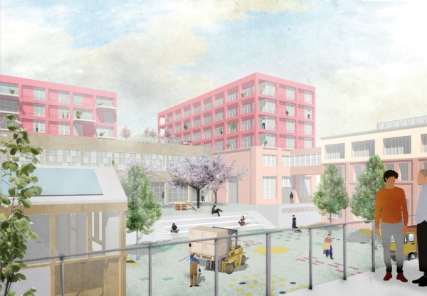 Stdtebaulicher Wettbewerb Quartier Backnang West: Visualisierung des CityCampus: Produktiver Hof mit Forschung, Gewerbe und Wohnen, Entwurf von Teleinternetcafe (Berlin)