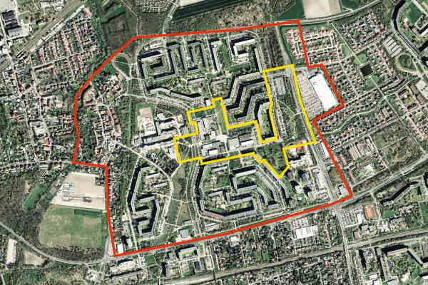 Wettbewerbsgebiet Leipzig Grünau Nord, Luftbild mit Betrachtungsraum (rot) und Projektgebiet (gelb)
