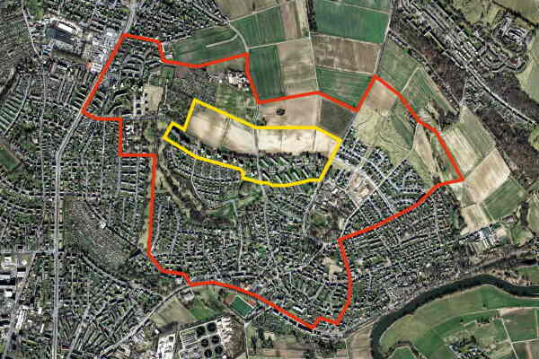Wettbewerbsgebiet Kassel, Luftbild mit Betrachtungsraum (rot) und Projektgebiet (gelb)