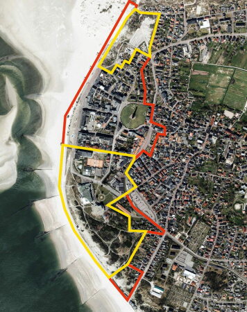 Wettbewerbsgebiet Borkum, Luftbild mit Betrachtungsraum (rot) und Projektgebieten (gelb)