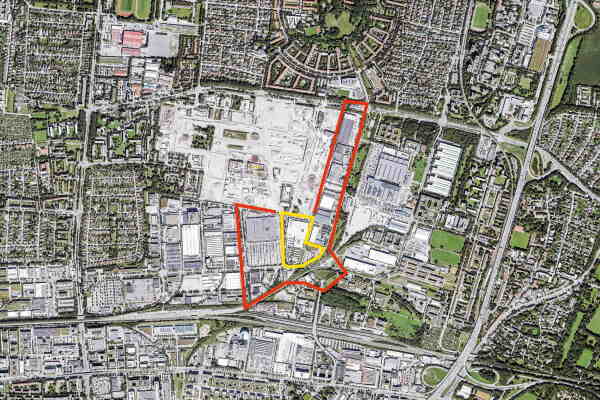 Wettbewerbsgebiet M�nchen, Luftbild mit Betrachtungsraum (rot) und Projektgebiet (gelb)