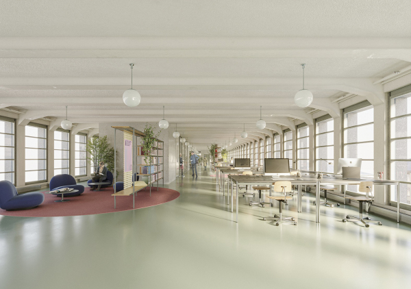 Im Dachgeschoss des Bcherturms wird die sttzenfreie Raumsituation durch verborgene berzge wiederhergestellt.