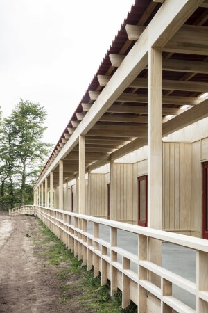 Die Holzpergola an der Ostseite des neuen Riegels