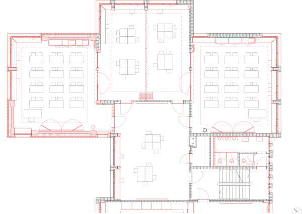 Raumgruppe mit Vorraum, zwei Klassenzimmern und zwei Gruppenrumen (Ergnzungen in Rot gekennzeichnet)