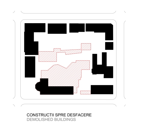2. Preis: Cataraga Architects Derzeitige Situation mit den zu abreissenden Gebudeteilen (rot)
