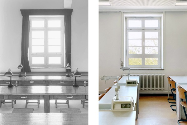 Gegenberstellung Schule Langenfort. Links: Modellfoto nach historischem Vorbild, Rechts: Ist-Zustand