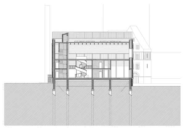 1. Preis nach �berarbeitung: Boltshauser Architekten (Z�rich). L�ngsschnitt