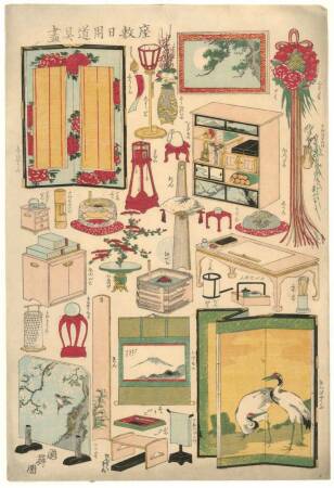 Sammlung von Gegenstnden fr den tglichen Gebrauch im Besucherzimmer, Japan, vor 1872, Farbholzschnitt