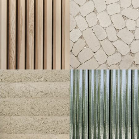 Verwendete Materialien: Eschenholz, Betonstein fr den Auenbelag, Stampfbeton und Fassadenplatten aus Keramik