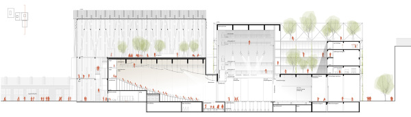 Eine Anerkennung: querkraft architekten; Lngsschnitt Bhne, Saal, Foyer