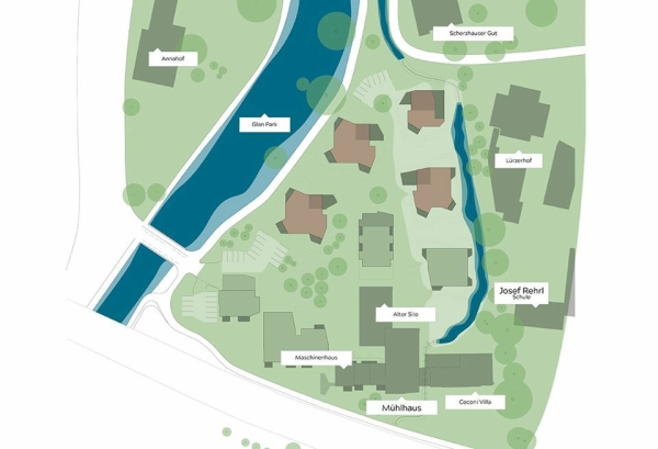 �bersichtsplan Quartier Rauchm�hle mit Neubauten (braun und hellgr�n) und Bestandsbauten (dunkelgr�n)