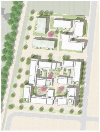 Lageplan. Studentisches Wohnen im S�den, gef�rdertes Wohnen im Norden.