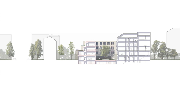 1. Preis: gmp  Architekten von Gerkan, Marg und Partner (Hamburg) mit Rainer Schmidt Landschaftsarchitekten (München). Schnitt Ost-West des Baus im Norden