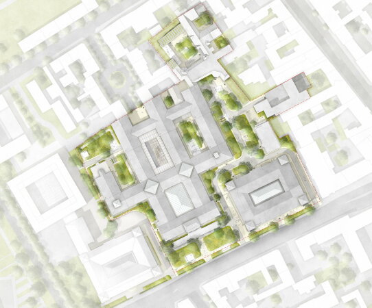 2. Preis: Staab Architekten mit Levin Monsigny Landschaftsarchitekten (beide Berlin). Lageplan