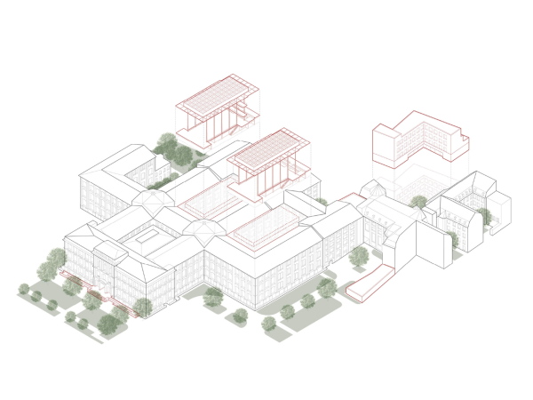 1. Preis: gmp  Architekten von Gerkan, Marg und Partner (Hamburg) mit Rainer Schmidt Landschaftsarchitekten (München). Axonometrie