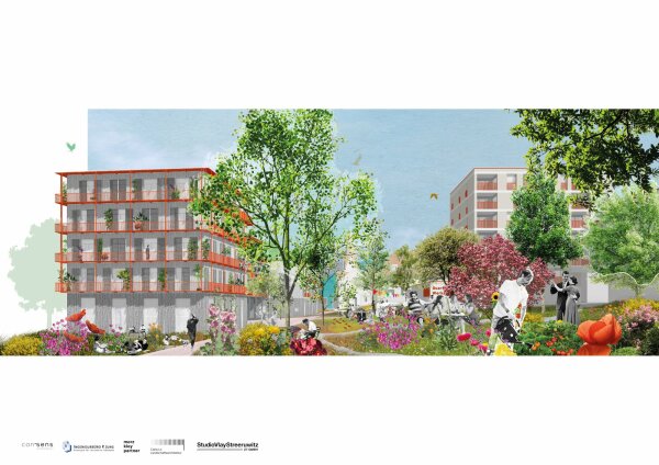 Tobias-Mayer-Quartier in Esslingen am Neckar: Perspektive Kettenhaus; Entwurf aus dem Wettbewerb von Studio Vlay Streeruwitz, Wien mit Carla Lo Landschaftsarchitektur, Wien und Ingenieurbro P. Jung GmbH, Hamburg