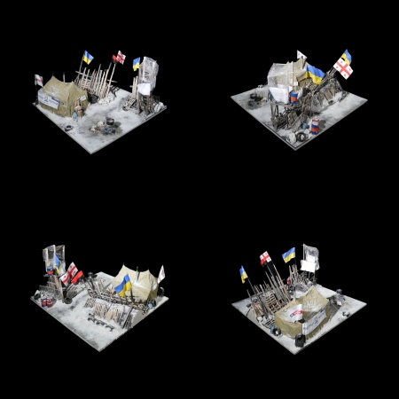 1:10-Modell der Majdan-Proteste 20132014 in Kiew, gebaut fr die Ausstellung Protest/Architektur von den Studierenden Henry Hcherl und Lukas Mller, Technische Universitt Mnchen, betreut von Andreas Kretzer (Lehrauftrag)