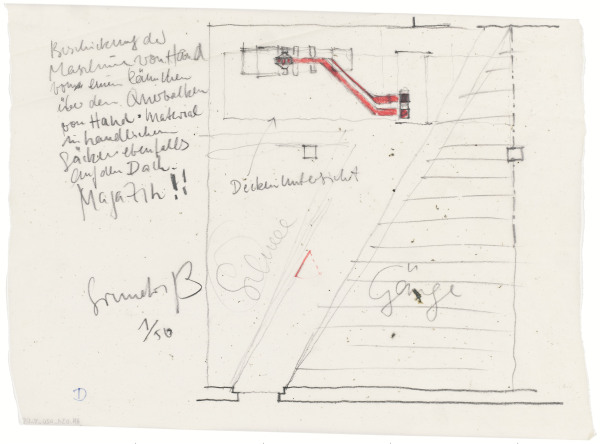 Hans Hollein: Austriennale, sterreichischer Beitrag zur 14. Triennale, Mailand, Italien, 1968, Grundrissskizze mit Spritzgussmaschine fr Austriennale-Brille, Archiv Hans Hollein, Az W und MAK, Wien