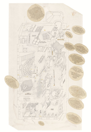 Hans Hollein: MAN transFORMS, Erffnungsausstellung des Cooper-Hewitt Museums als neues National Museum of Design, New York, Vereinigte Staaten von Amerika, 19741976, Axonometrie mit Anmerkungen, Archiv Hans Hollein, Az W und MAK, Wien