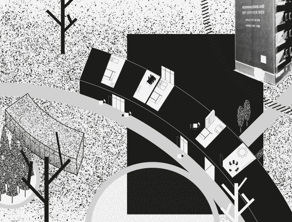 Expanded Design: Wunschmaschine Wohnanlage, Wien, sterreich, 20142016, Konzeptzeichnung, digitale Collage