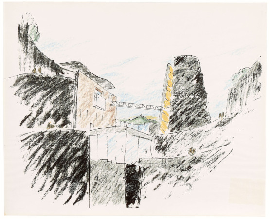 Hans Hollein, in Zusammenarbeit mit Atelier 4 (Frankreich): Vulcania  Museum fr Vulkanismus, Saint-Ours-Les-Roches, Frankreich, 19942002, perspektivische Skizze, Druck, Archiv Hans Hollein, Az W und MAK, Wien