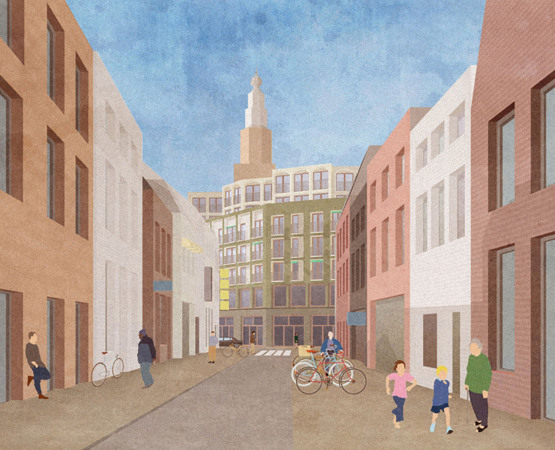 Monadnock: Oosterling Bro- und Wohnhaus, Groningen, Niederlande, 2016, Collage Wettbewerbsentwurf
