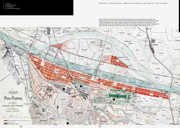 Neu gewonnene Parzellen (rot) in Folge der Donauregulierung. Links der Nordwest- und der Nordbahnhof, rechts in Grn das Gelnde der Weltausstellung 1873