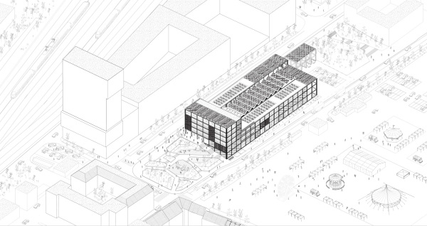 1. Preis: HENN (Mnchen) mit studio grngrau Landschaftsarchitektur (Dsseldorf). Axonometrie