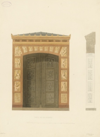 Karl Friedrich Schinkel: Allgemeine Bauschule, Berlin, ausgeführt 1832 bis 1836. Zeichnung des Portals mit programmatischer Bauplastik von Georg Theodor Schirrmacher, 1854