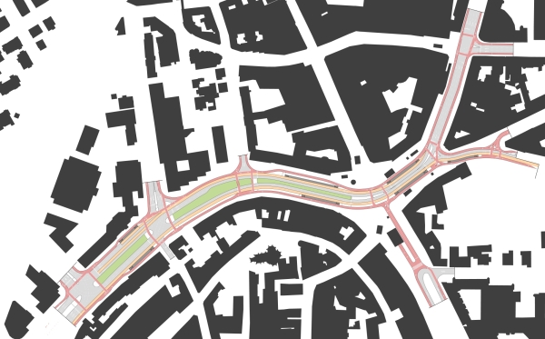 Lageplan Gesamtprojekt (rosa Spur: Fahrrad, orange Spur: Busse, grau Spur: motorisierter Individualverkehr)