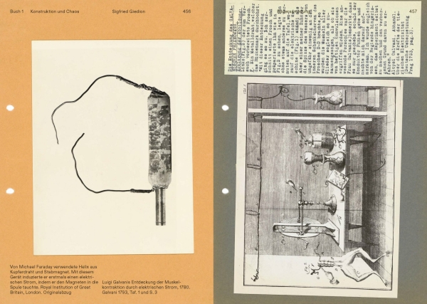 Bildsammlung zum Gebrauch des Elektrischen Stroms mit der Helix Michael Faradays und den Froschexperimenten Luigi Galvanis (Originalabzug Royal Institution of Great Britain, London; Kupferstich, 1793)