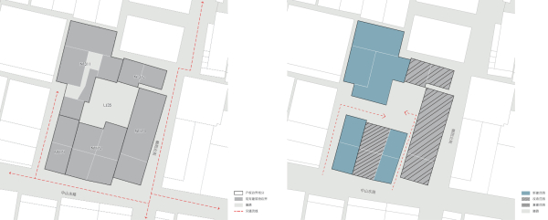 Lageplan und Erschlieungsdiagramm zur Situation vorher (links) und nachher (rechts)