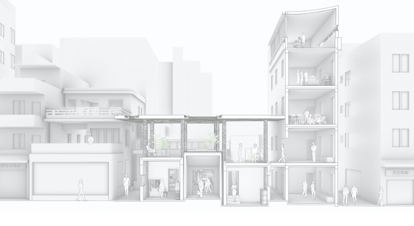 Perspektivischer Querschnitt von der Strae aus gesehen
