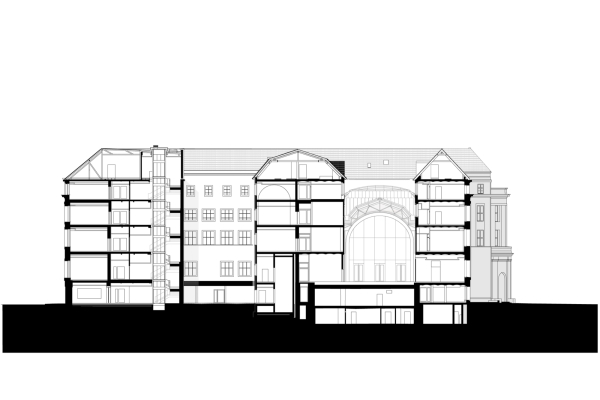 Haus 2, Längsschnitt mit ehemaliger Kassenhalle (heutiges Konferenzzentrum) rechts