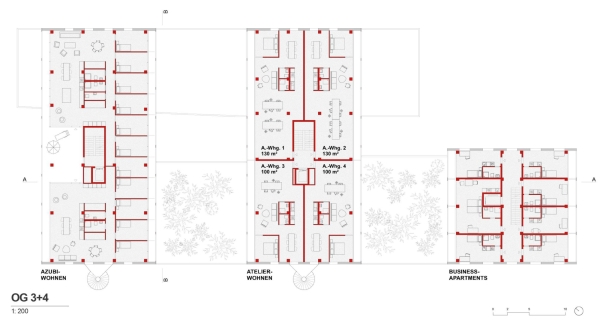 1. Rang: FAR frohn&rojas Planungsgesellschaft mit B+G Ingenieure Bollinger und Grohmann (Fachplanung Energiekonzept und Tragewerksplanung) und Dirk Hebel (Fachplanung Rezykliergerechtes Bauen); Grundriss 3.+4. Obergeschoss