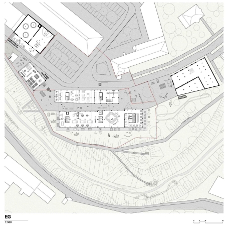 1. Rang: FAR frohn&rojas Planungsgesellschaft mit B+G Ingenieure Bollinger und Grohmann (Fachplanung Energiekonzept und Tragewerksplanung) und Dirk Hebel (Fachplanung Rezykliergerechtes Bauen); Lage und Grundriss Erdgeschoss