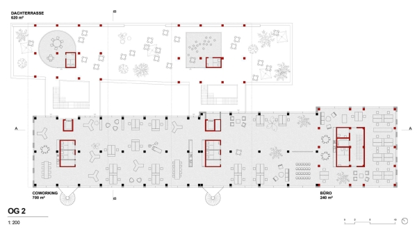 1. Rang: FAR frohn&rojas Planungsgesellschaft mit B+G Ingenieure Bollinger und Grohmann (Fachplanung Energiekonzept und Tragewerksplanung) und Dirk Hebel (Fachplanung Rezykliergerechtes Bauen); Grundriss 2. Obergeschoss