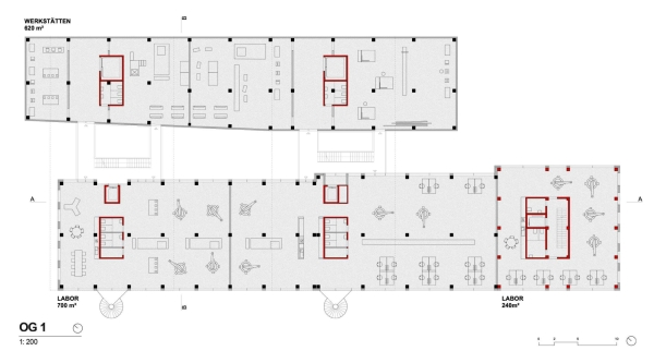 1. Rang: FAR frohn&rojas Planungsgesellschaft mit B+G Ingenieure Bollinger und Grohmann (Fachplanung Energiekonzept und Tragewerksplanung) und Dirk Hebel (Fachplanung Rezykliergerechtes Bauen); Grundriss 1. Obergeschoss