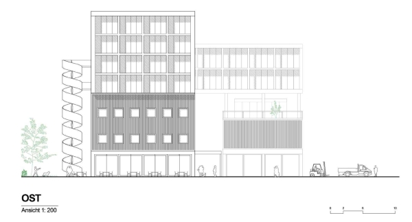 1. Rang: FAR frohn&rojas Planungsgesellschaft mit B+G Ingenieure Bollinger und Grohmann (Fachplanung Energiekonzept und Tragewerksplanung) und Dirk Hebel (Fachplanung Rezykliergerechtes Bauen); Ansicht Ost